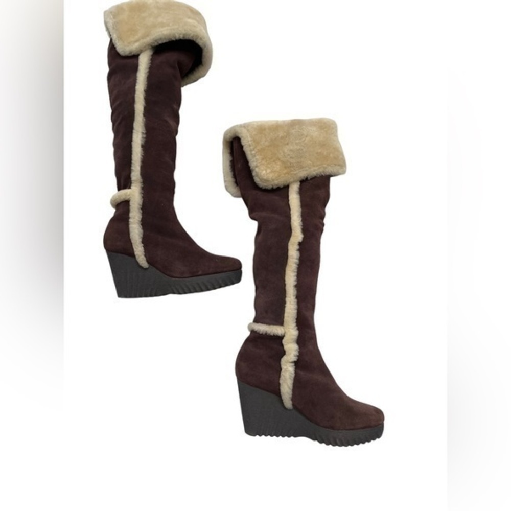 Diane Von Furstenberg Boots 7M Shearling fur brown suede wedge warm cozy